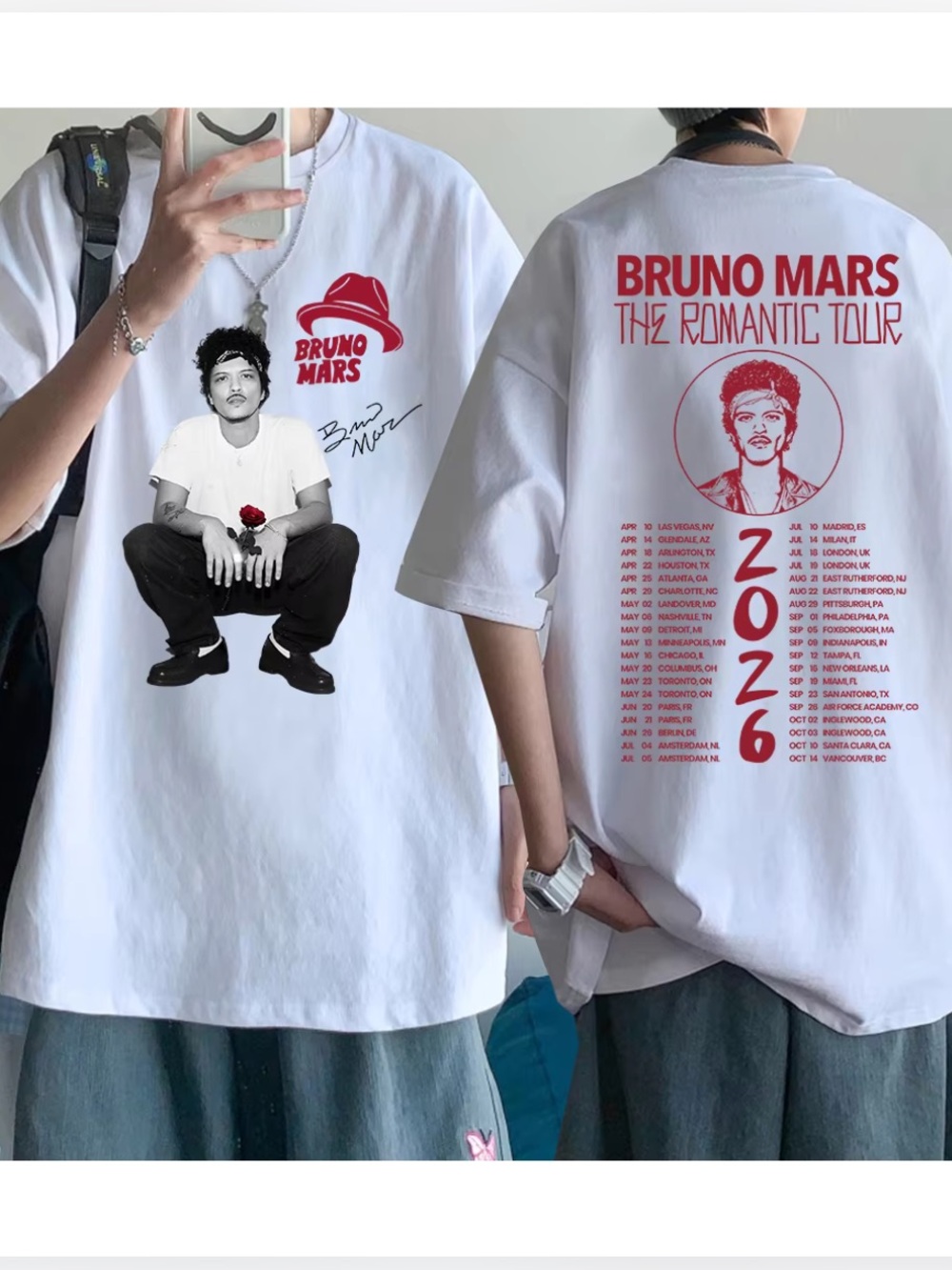 White Bruno Mars The Romantic Graphic Tour T‑Shirt, Classic Style For Unisex